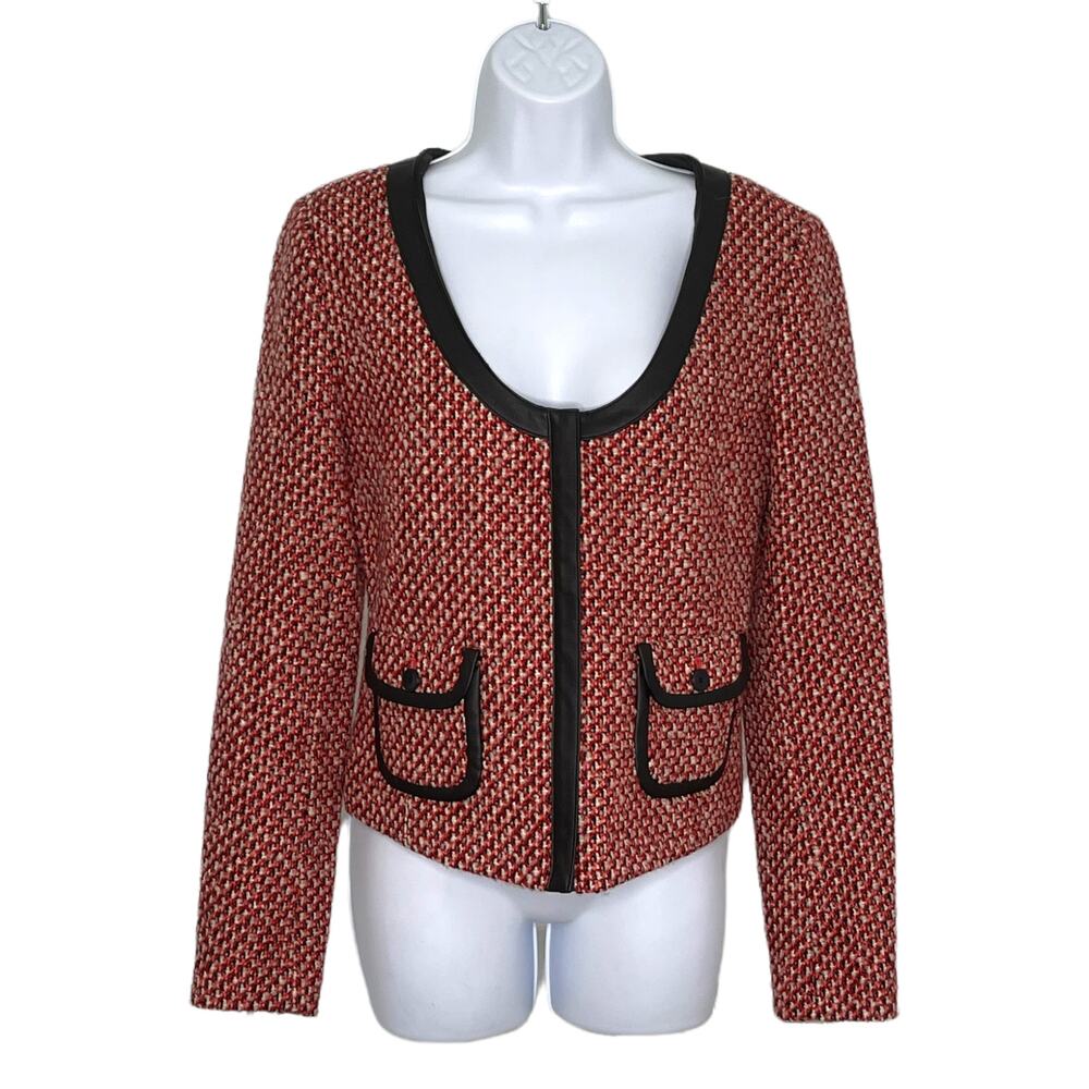 Hinge Red Wool Tweed Jacket Zip Front Long Sleeve Leather Trim Small